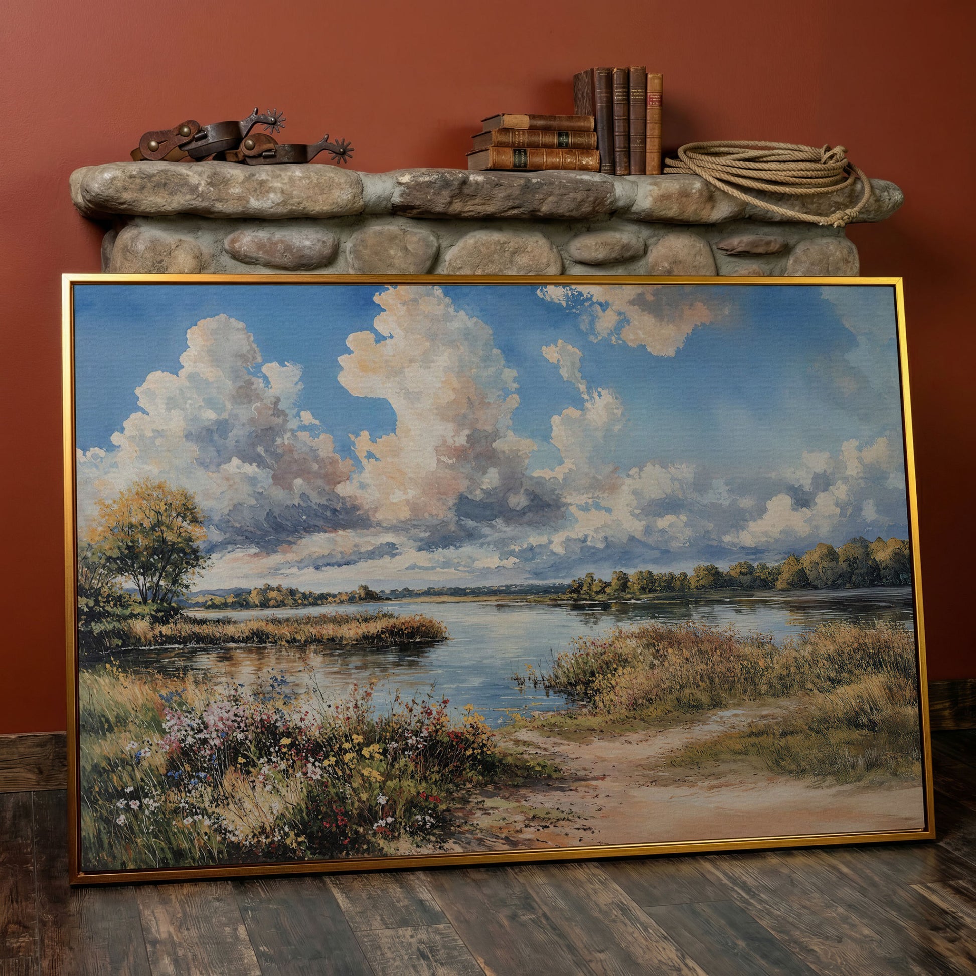 Lake Reflections with Wildflowers and Cloud-Filled Sky Canvas Art in antique gold floating frame