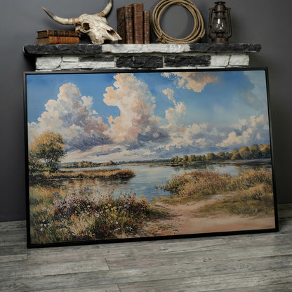 Lake Reflections with Wildflowers and Cloud-Filled Sky Canvas Art in black floating frame