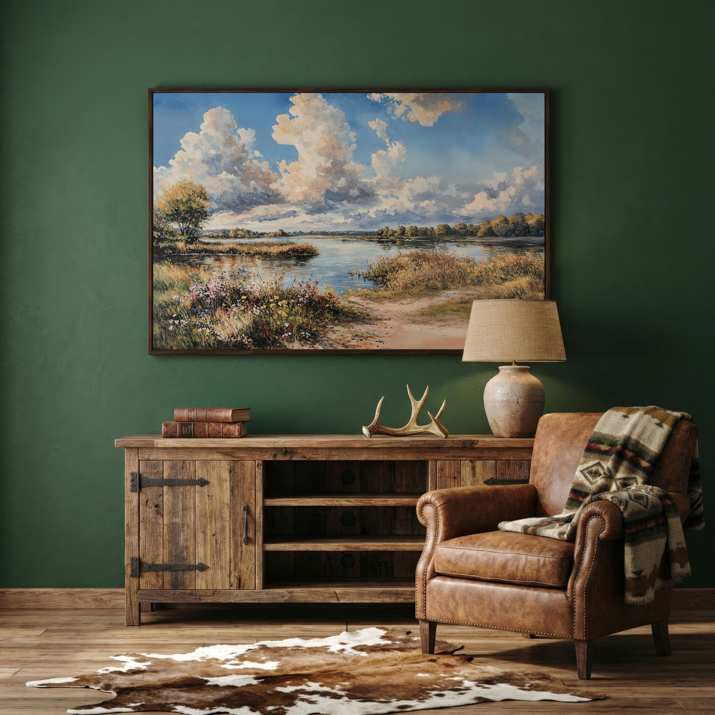 Lake Reflections with Wildflowers and Cloud-Filled Sky Canvas Art in dark walnut floating frame