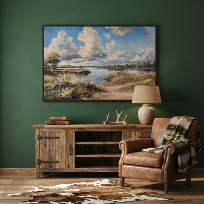 Lake Reflections with Wildflowers and Cloud-Filled Sky Canvas Art in dark walnut floating frame