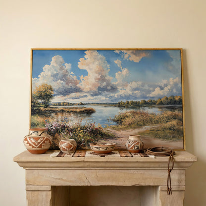 Lake Reflections with Wildflowers and Cloud-Filled Sky Canvas Art in white oak floating frame