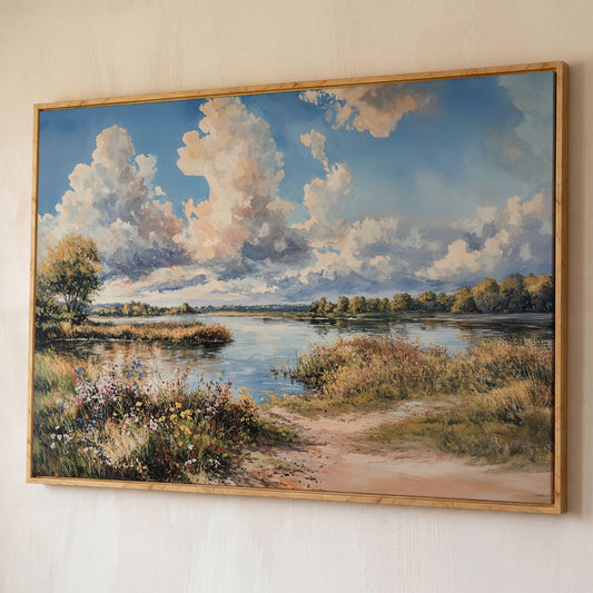 Lake Reflections with Wildflowers and Cloud-Filled Sky Canvas Art shown in white oak floating frame