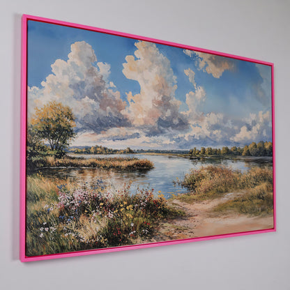 Lake Reflections with Wildflowers and Cloud-Filled Sky Canvas Art in pink floating frame