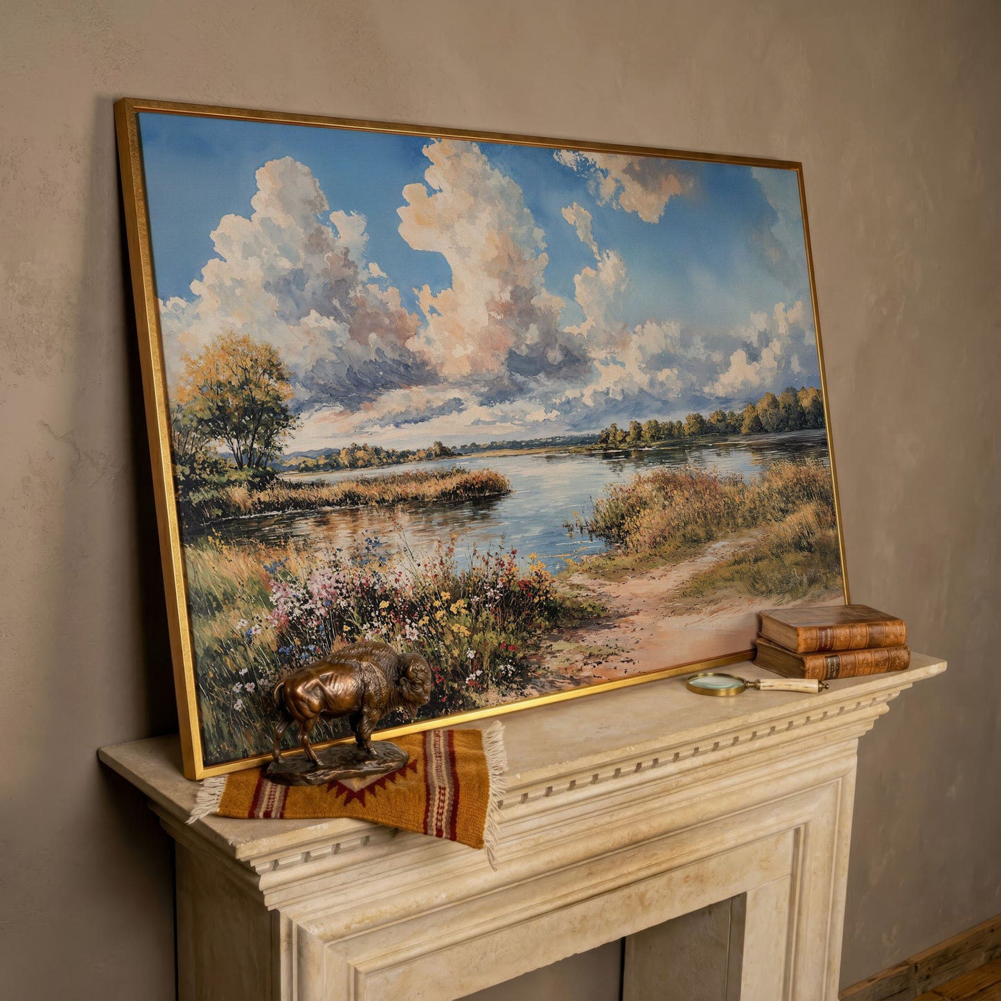 Lake Reflections with Wildflowers and Cloud-Filled Sky Canvas Art in rose gold floating frame