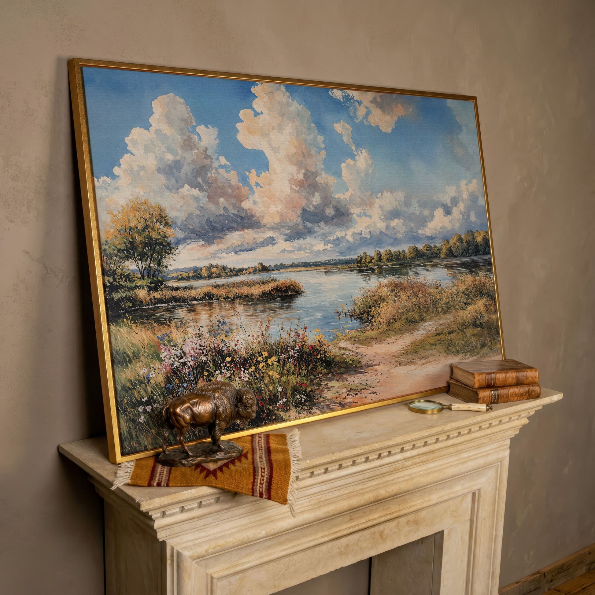 Lake Reflections with Wildflowers and Cloud-Filled Sky Canvas Art in rose gold floating frame