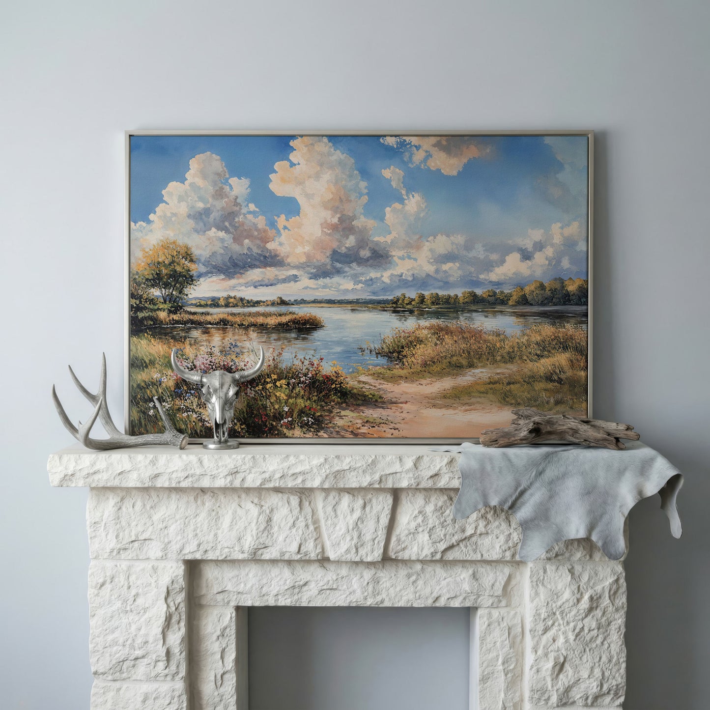 Lake Reflections with Wildflowers and Cloud-Filled Sky Canvas Art in silver floating frame