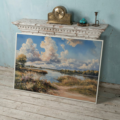 Lake Reflections with Wildflowers and Cloud-Filled Sky Canvas Art in white floating frame