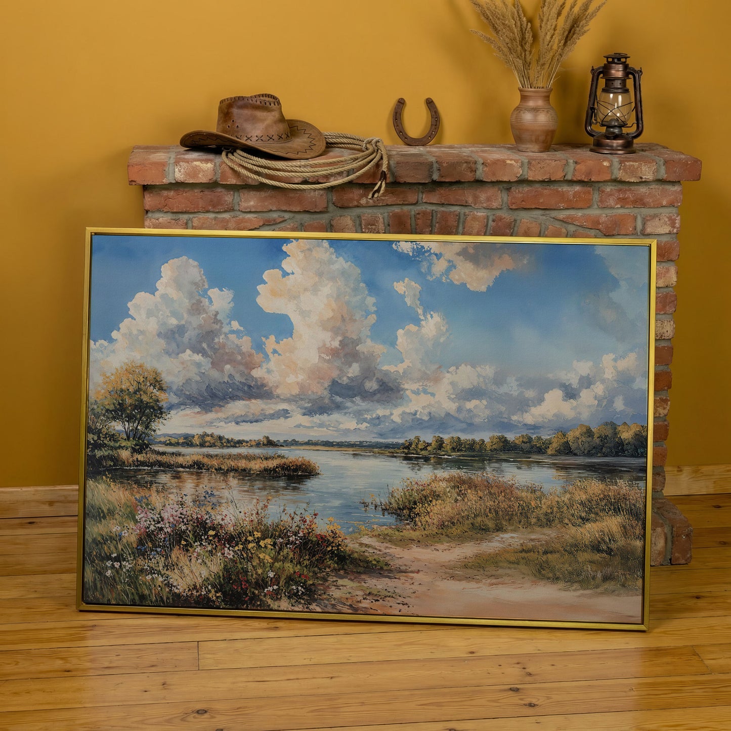 Lake Reflections with Wildflowers and Cloud-Filled Sky Canvas Art in yellow gold floating frame
