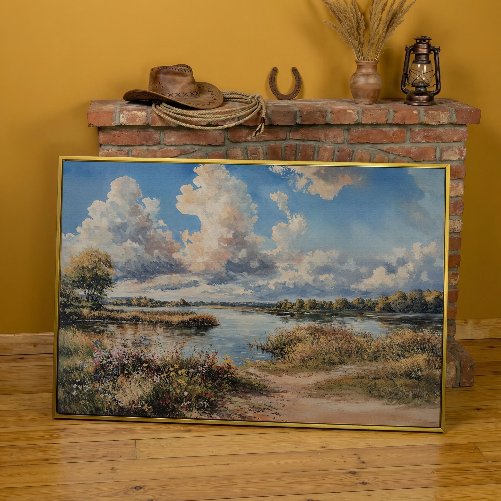 Lake Reflections with Wildflowers and Cloud-Filled Sky Canvas Art in yellow gold floating frame