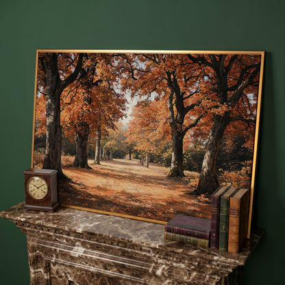 Autumn Forest Path Canvas Print in antique gold floating frame