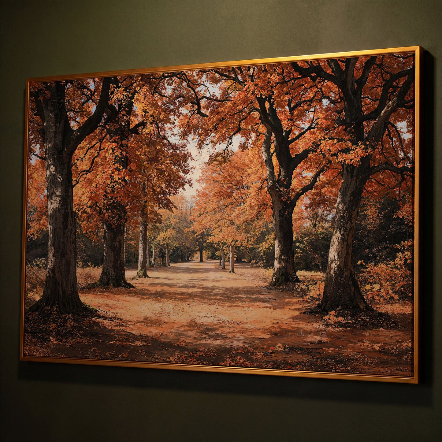 Autumn Forest Path Canvas Print shown in antique gold floating frame