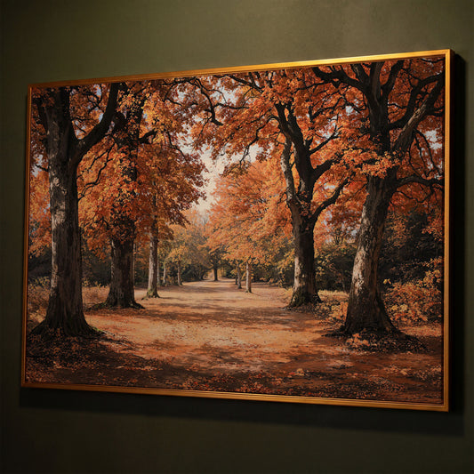 Autumn Forest Path Canvas Print shown in antique gold floating frame