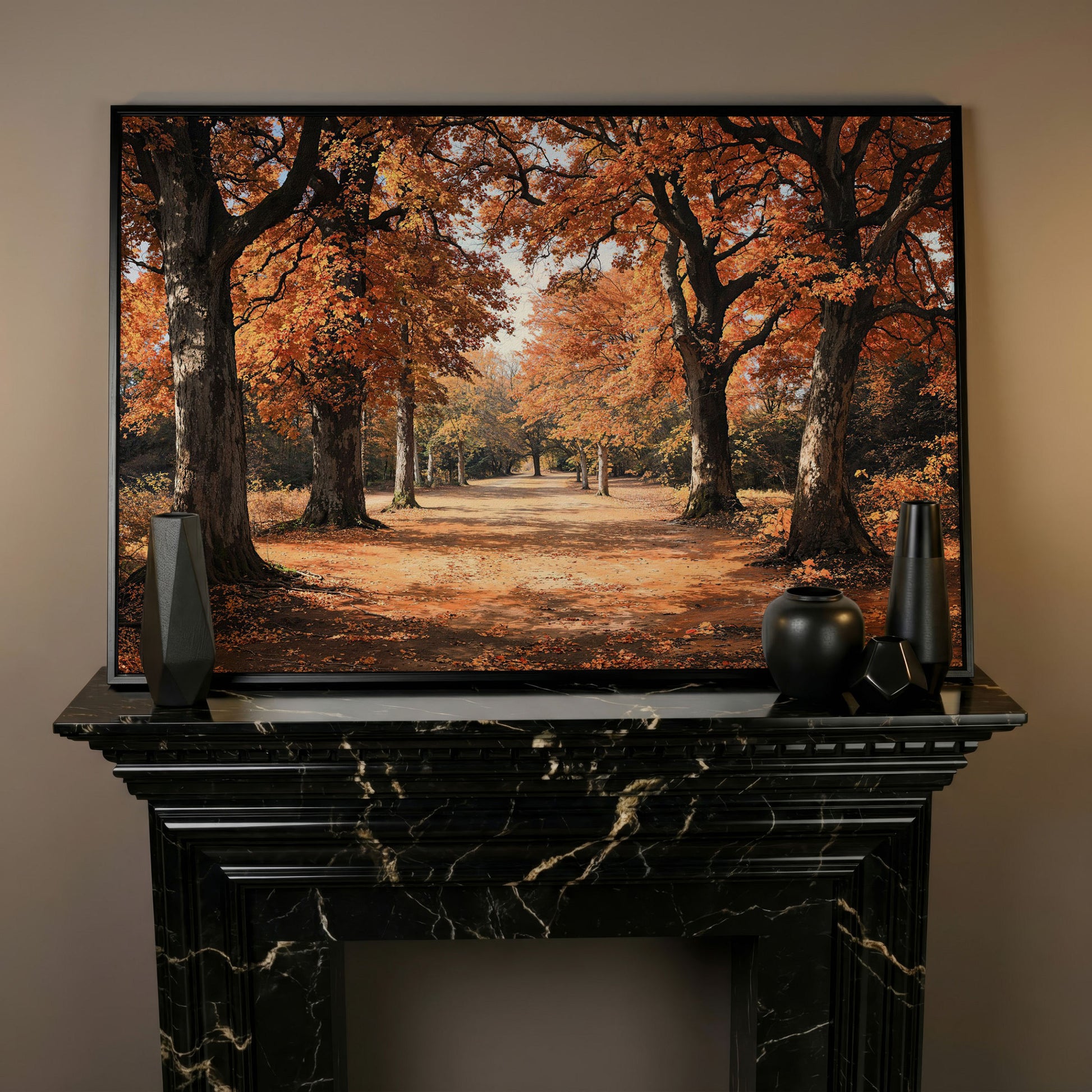 Autumn Forest Path Canvas Print in black floating frame