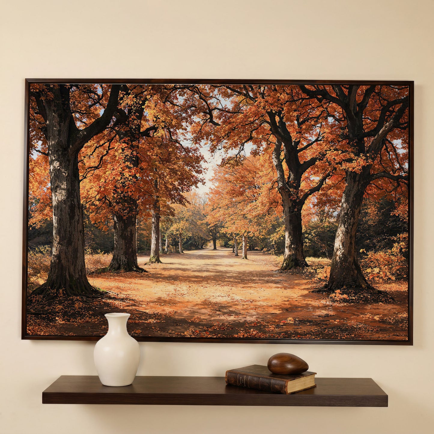 Autumn Forest Path Canvas Print in dark walnut floating frame