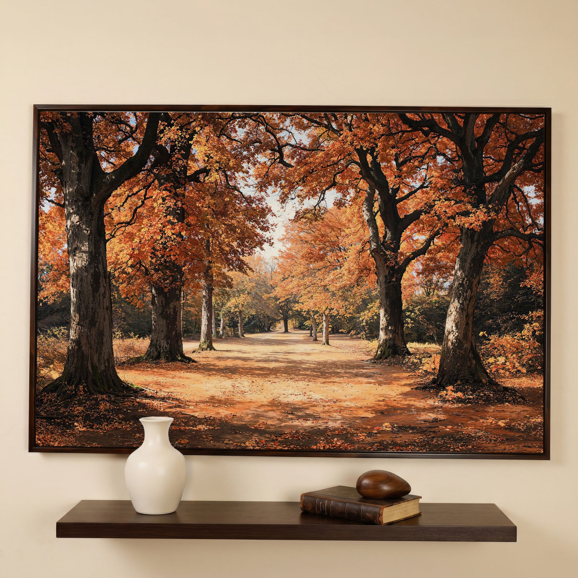 Autumn Forest Path Canvas Print in dark walnut floating frame