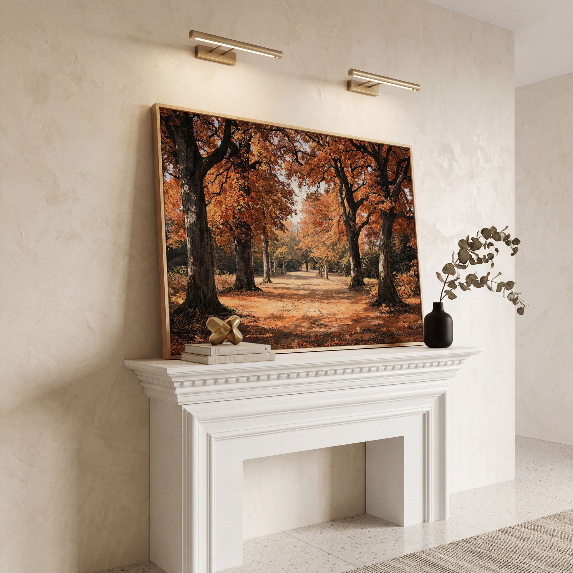 Autumn Forest Path Canvas Print in white oak floating frame