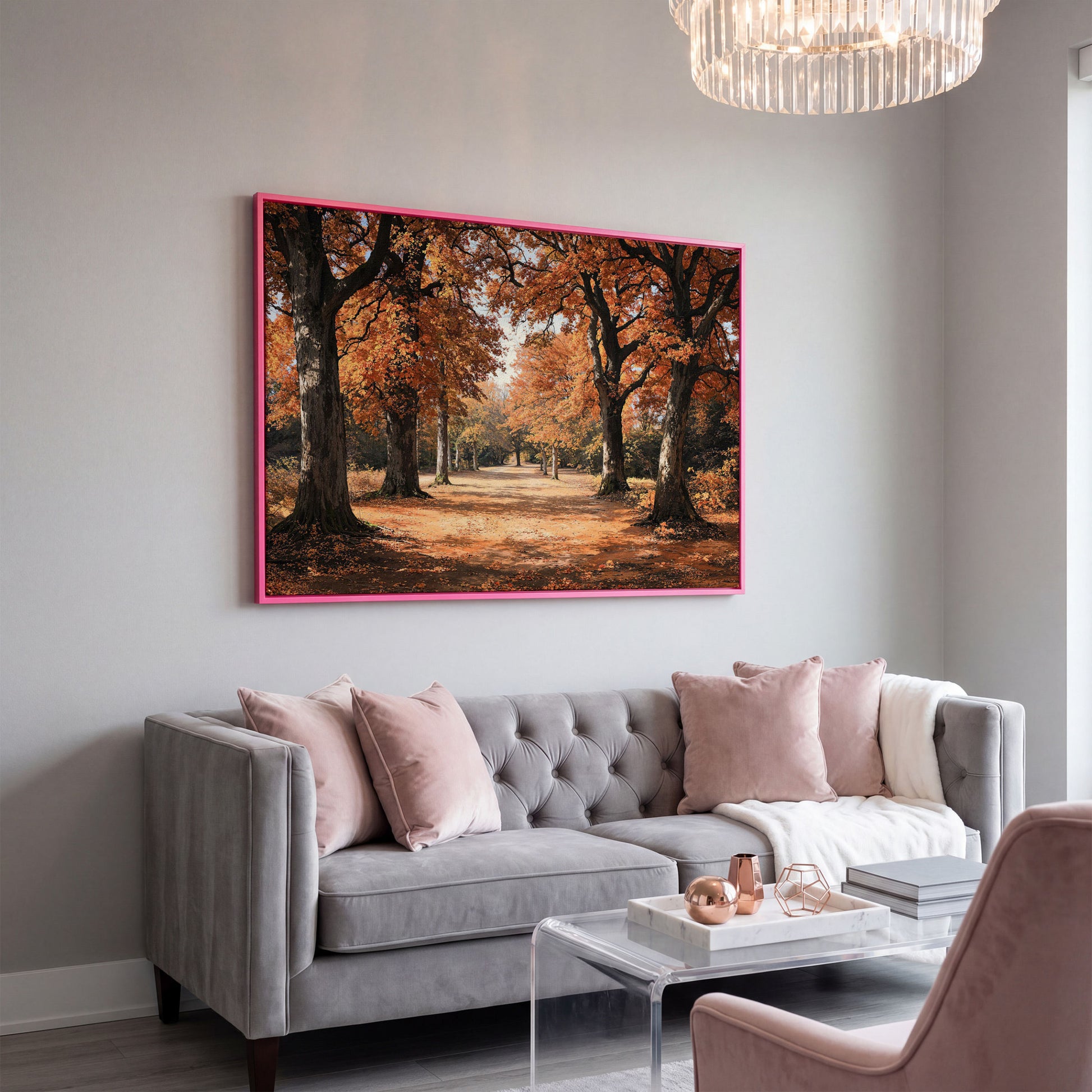 Autumn Forest Path Canvas Print in pink floating frame
