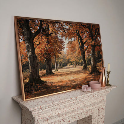 Autumn Forest Path Canvas Print in rose gold floating frame