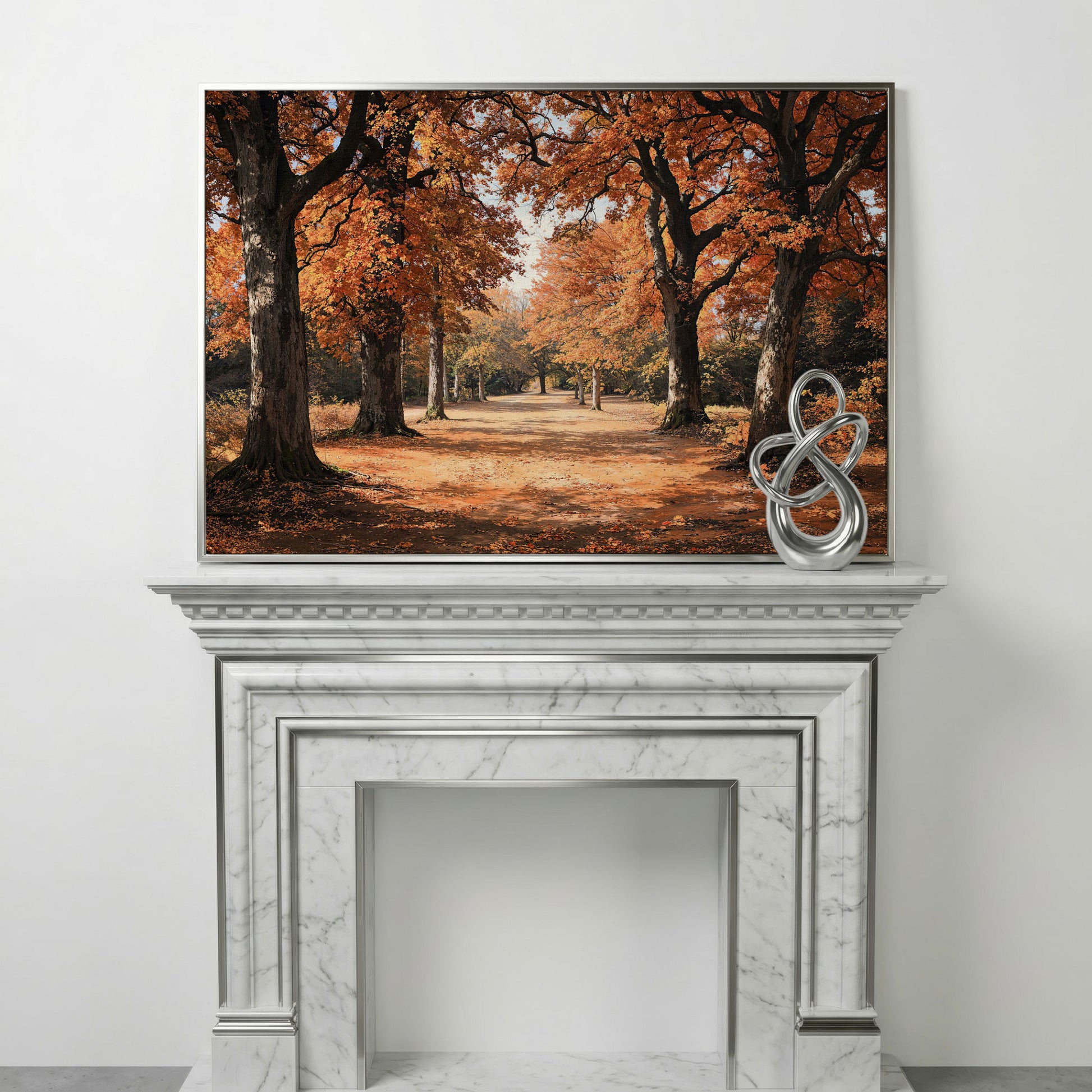 Autumn Forest Path Canvas Print in silver floating frame