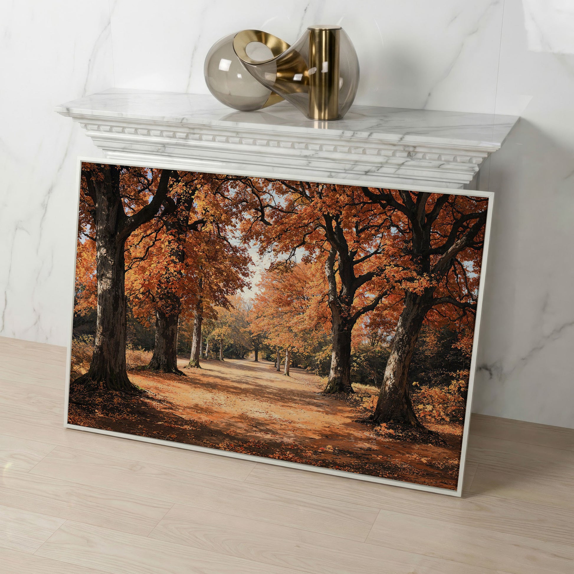 Autumn Forest Path Canvas Print in white floating frame