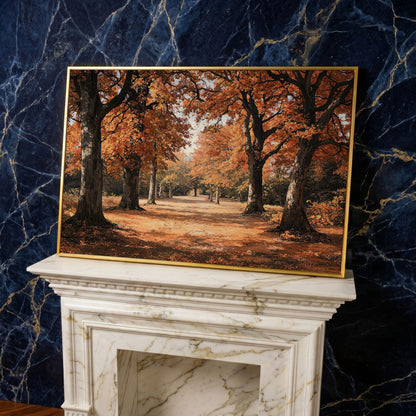 Autumn Forest Path Canvas Print in yellow gold floating frame