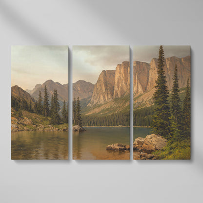 Mountain Lake with Evergreens Canvas as 3-panel split version