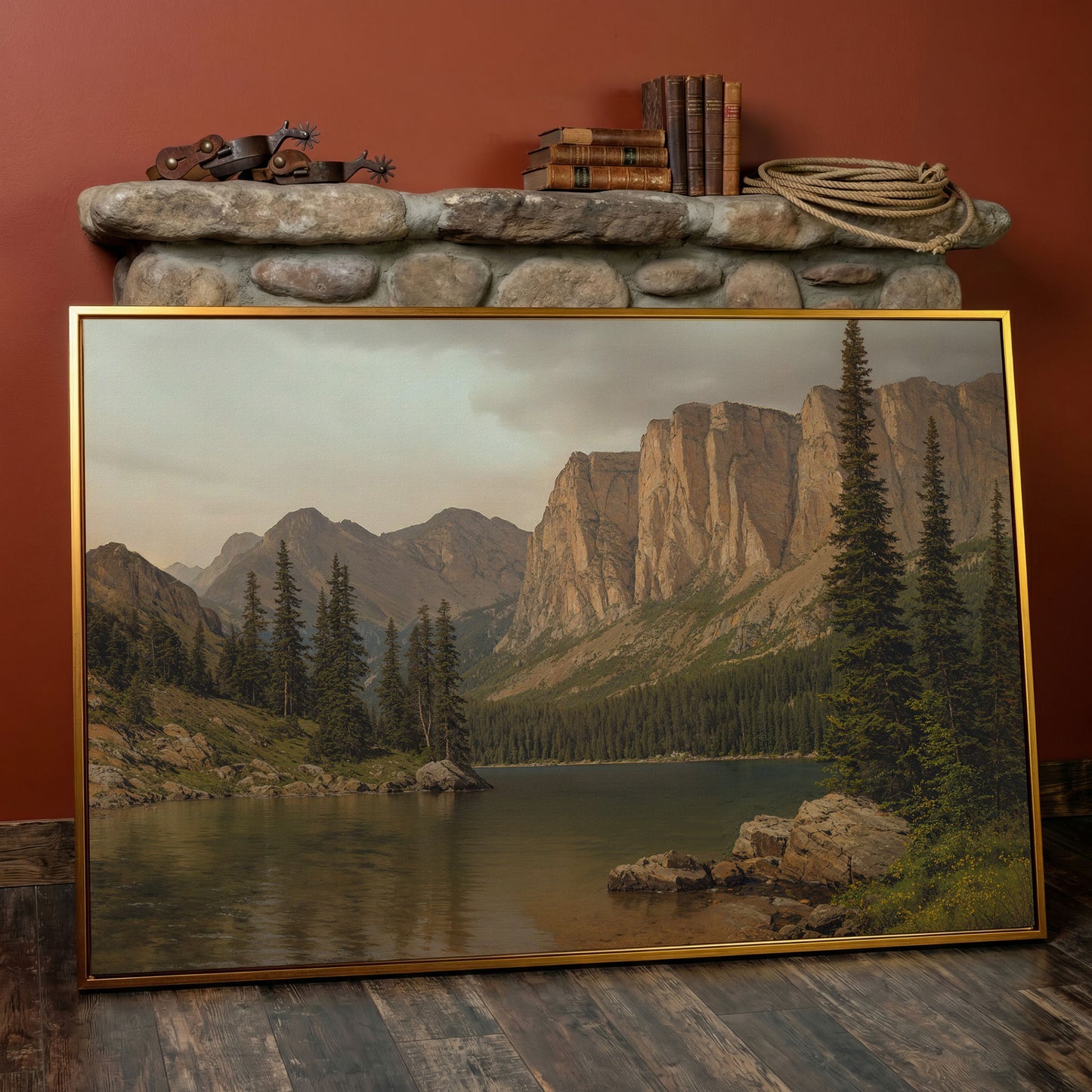 Mountain Lake with Evergreens Canvas in antique gold floating frame