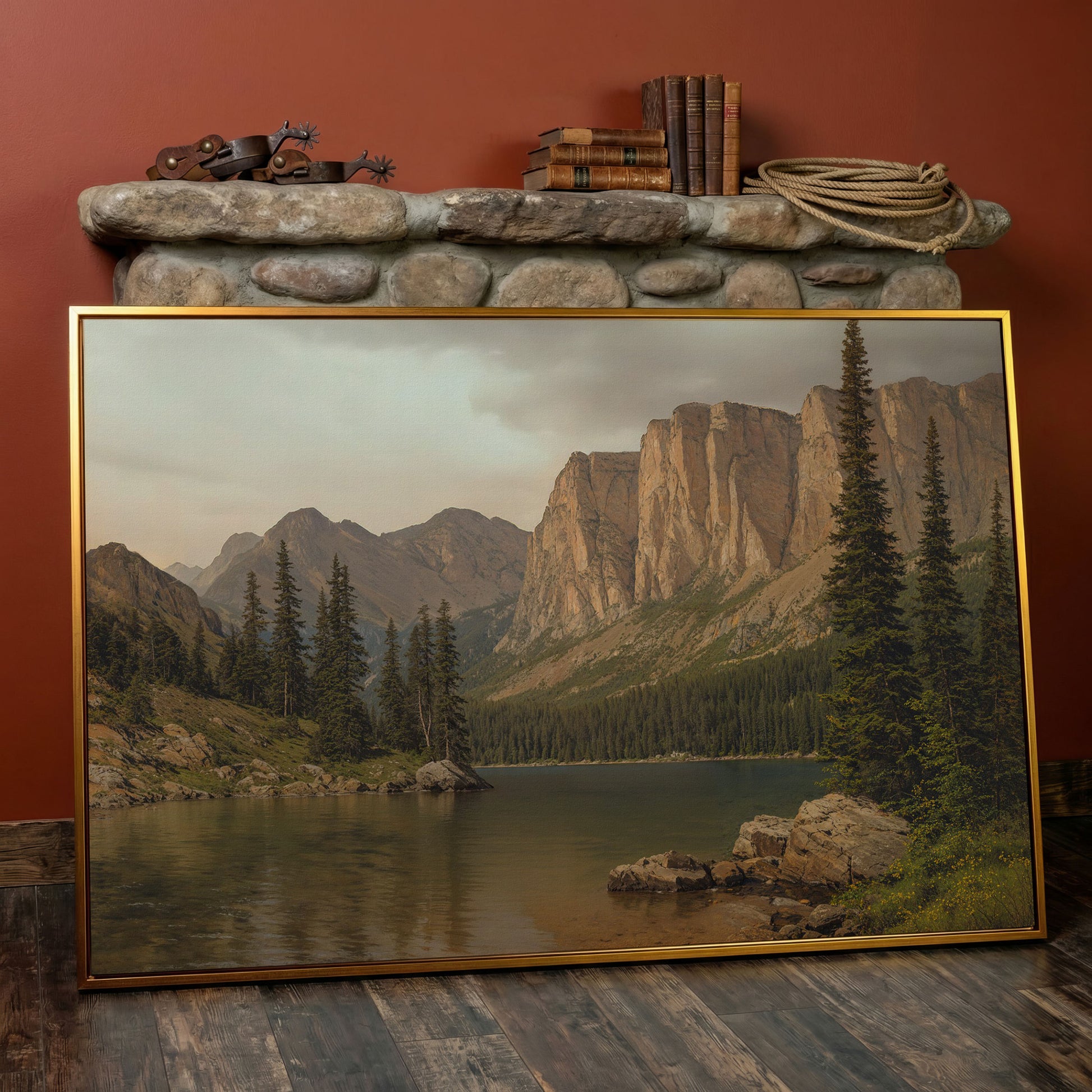 Mountain Lake with Evergreens Canvas in antique gold floating frame