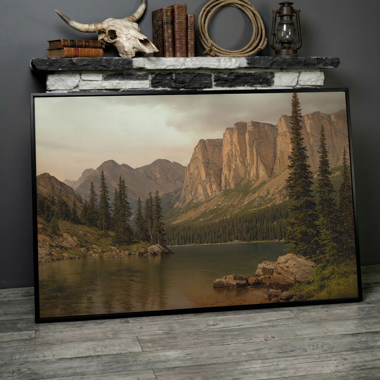 Mountain Lake with Evergreens Canvas in black floating frame