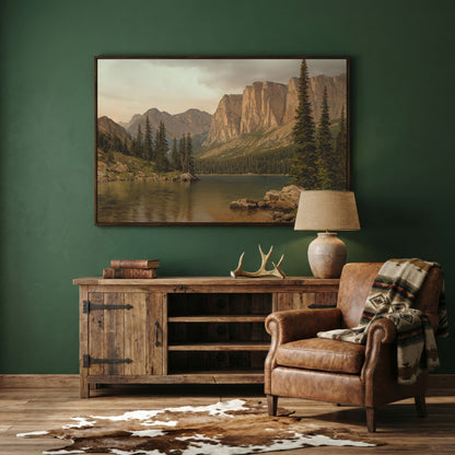 Mountain Lake with Evergreens Canvas in dark walnut floating frame