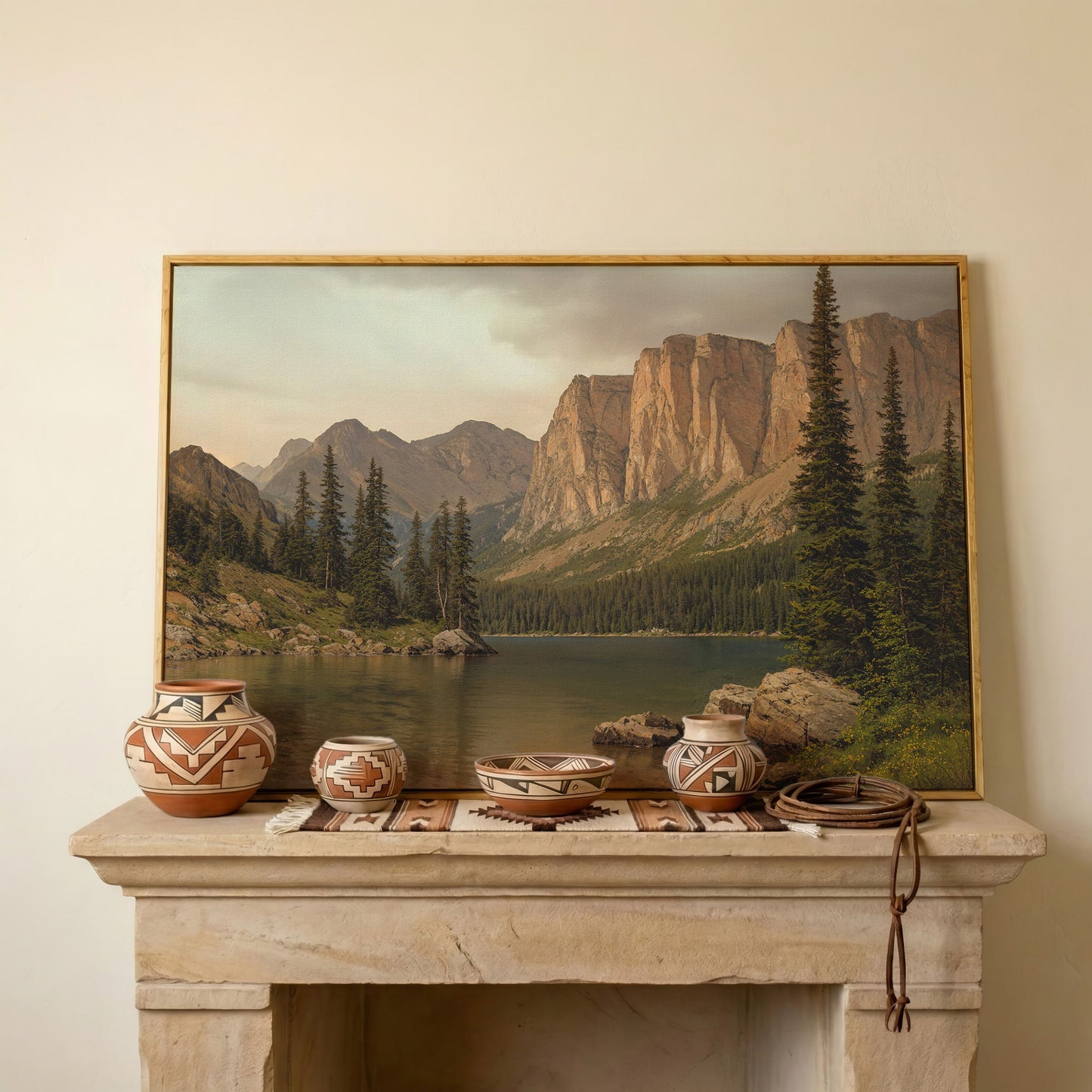 Mountain Lake with Evergreens Canvas in white oak floating frame