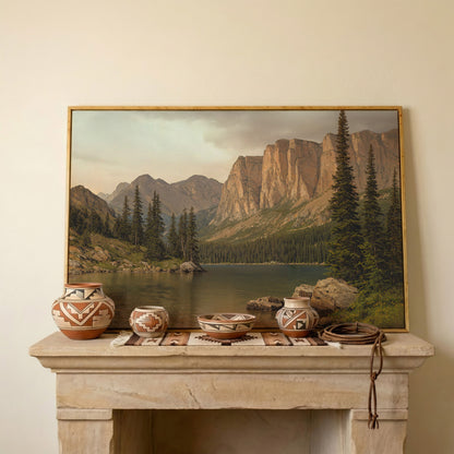 Mountain Lake with Evergreens Canvas in white oak floating frame