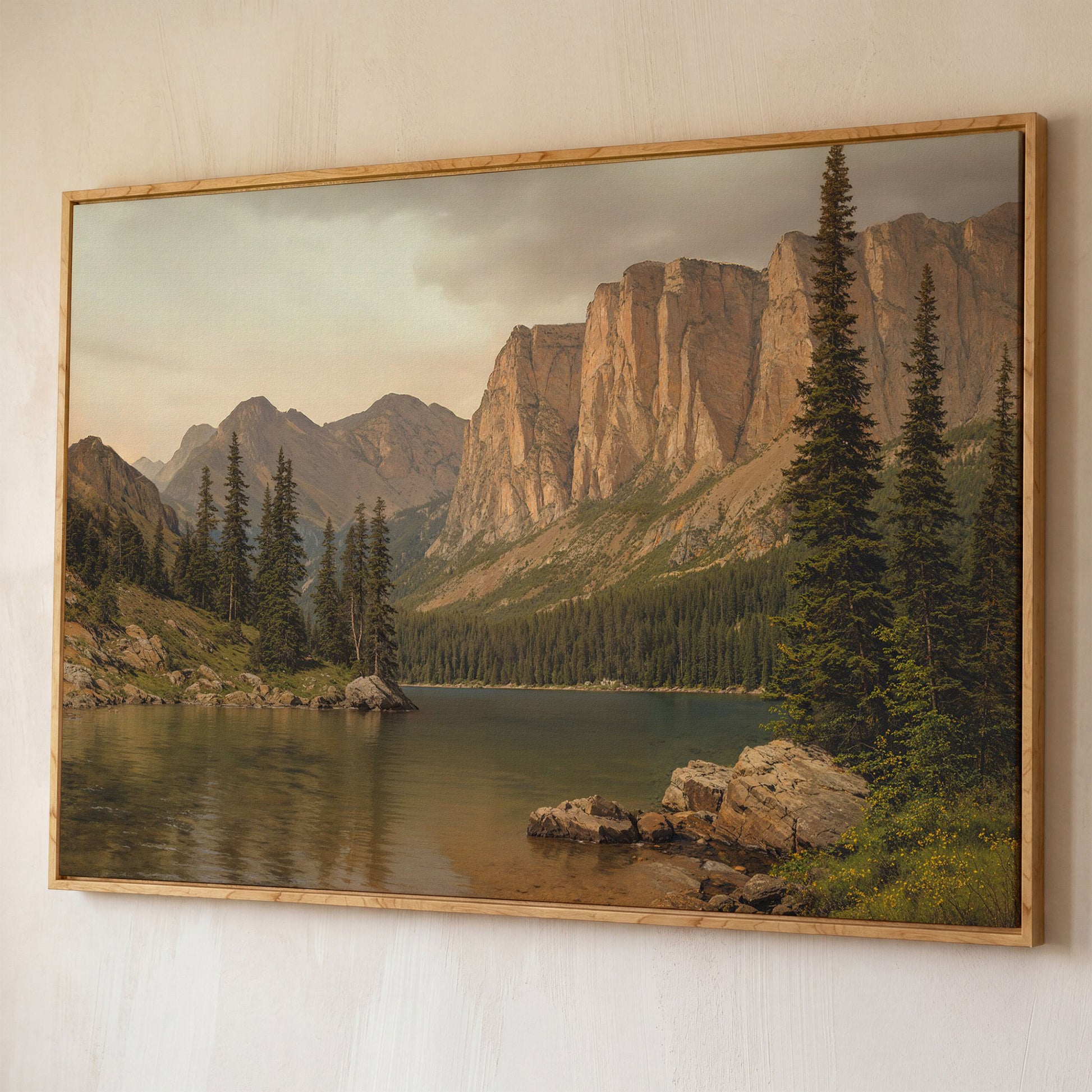 Mountain Lake with Evergreens Canvas shown in white oak floating frame