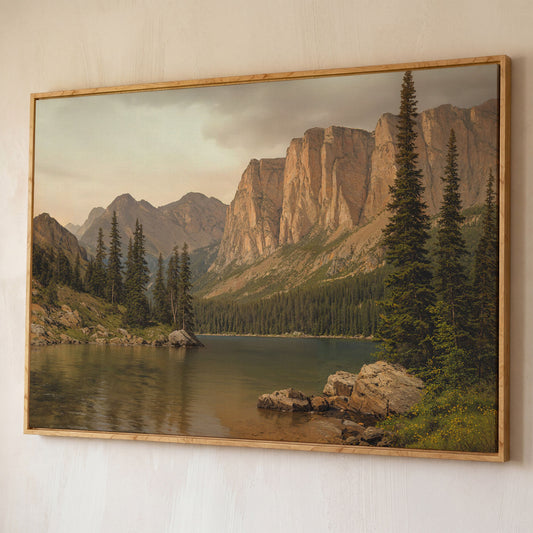 Mountain Lake with Evergreens Canvas shown in white oak floating frame