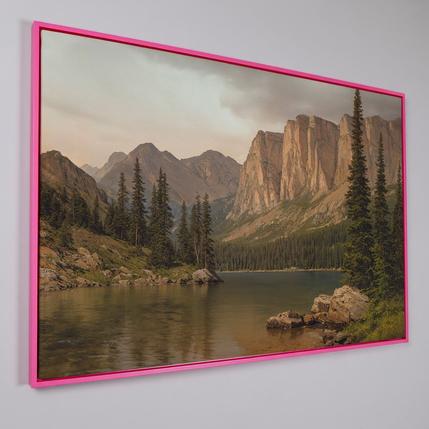 Mountain Lake with Evergreens Canvas in pink floating frame