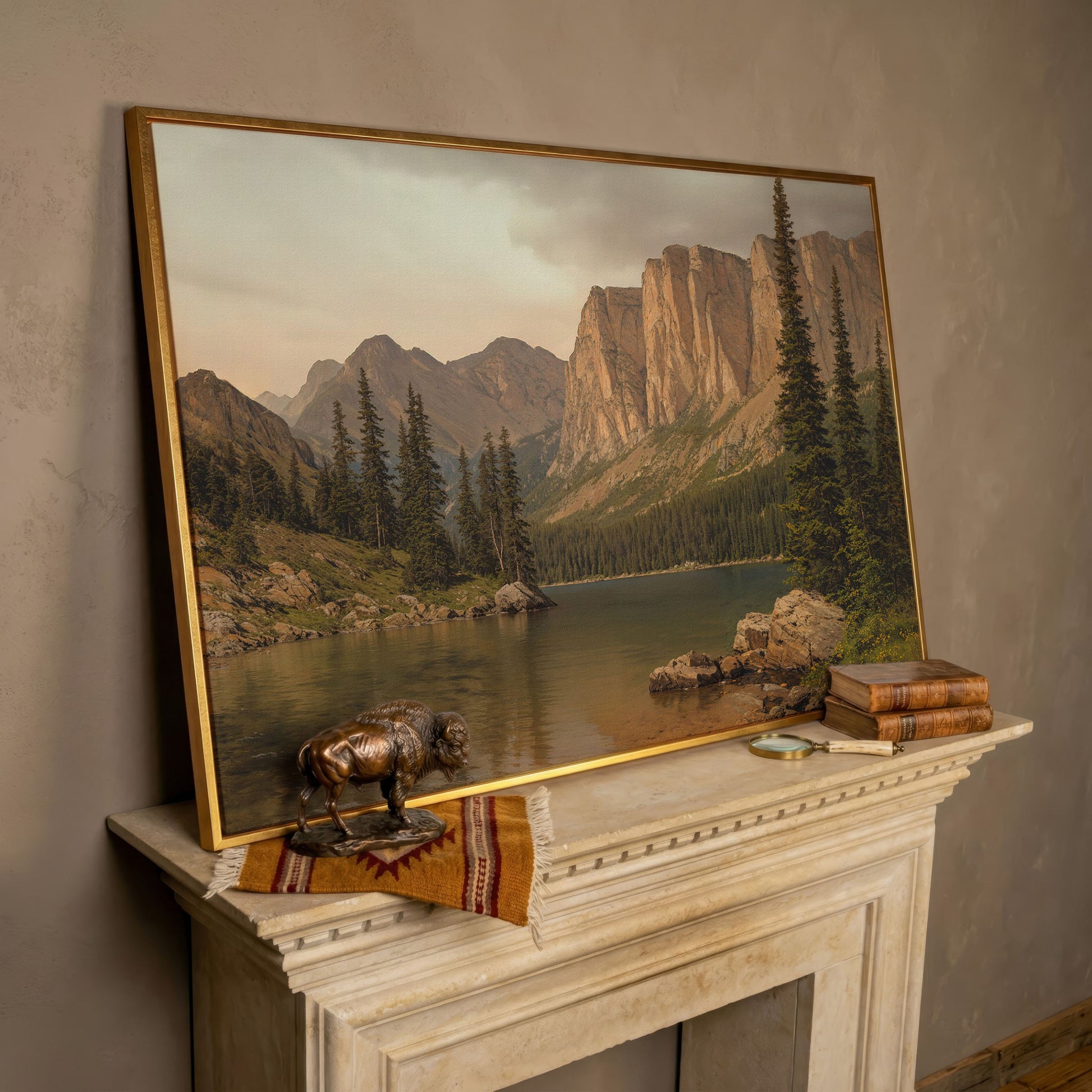 Mountain Lake with Evergreens Canvas in rose gold floating frame
