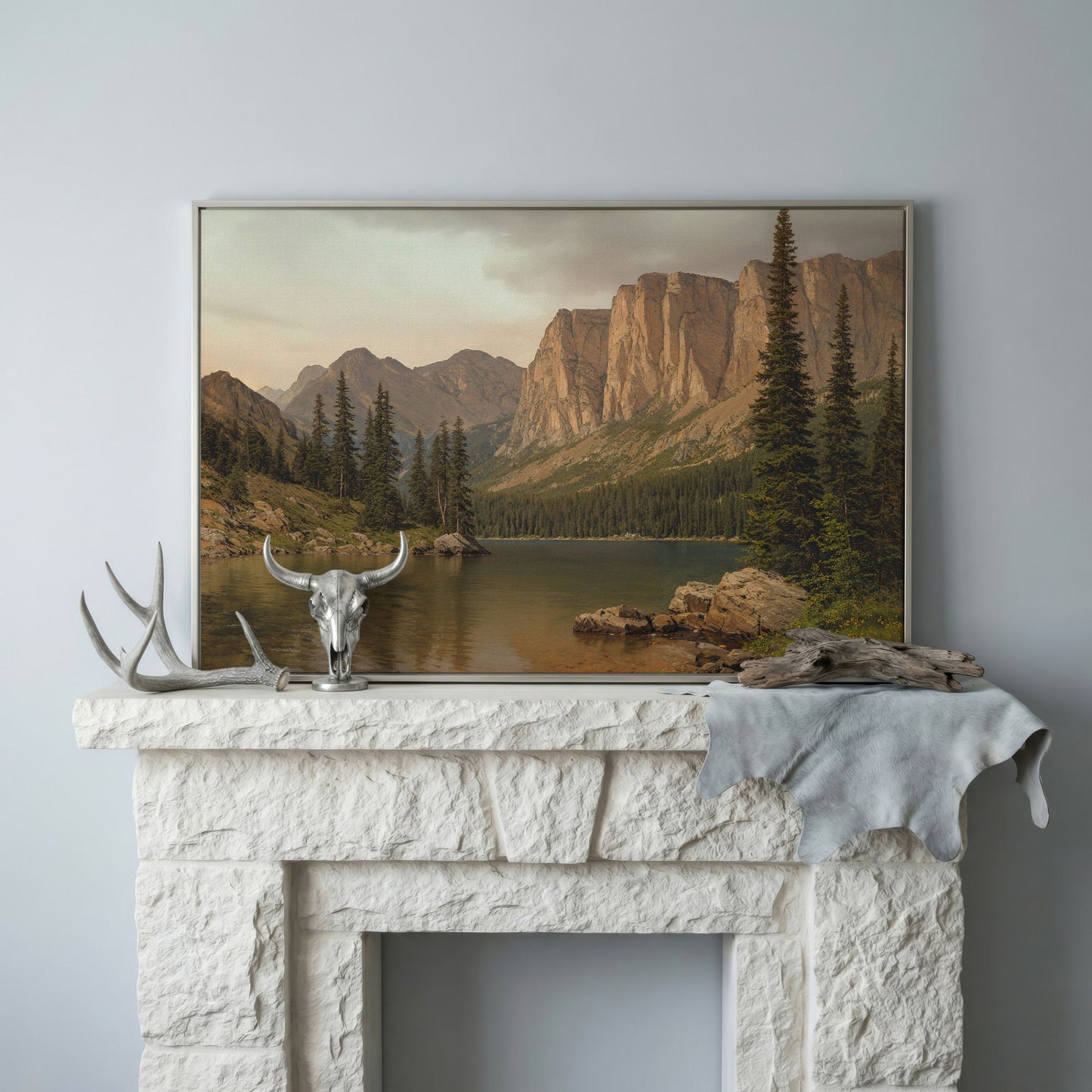 Mountain Lake with Evergreens Canvas in silver floating frame