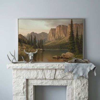 Mountain Lake with Evergreens Canvas in silver floating frame