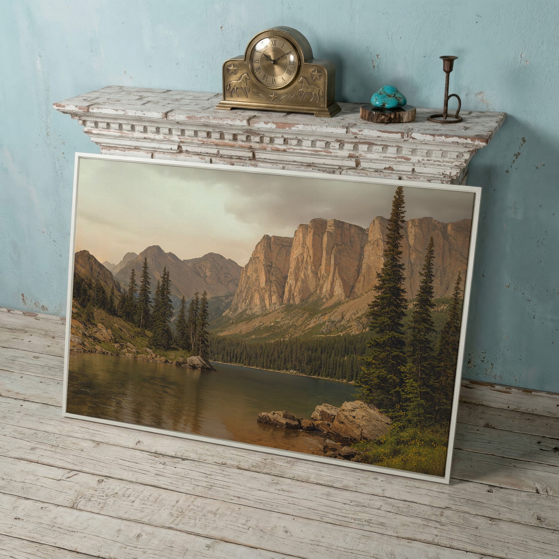 Mountain Lake with Evergreens Canvas in white floating frame