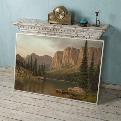 Mountain Lake with Evergreens Canvas in white floating frame