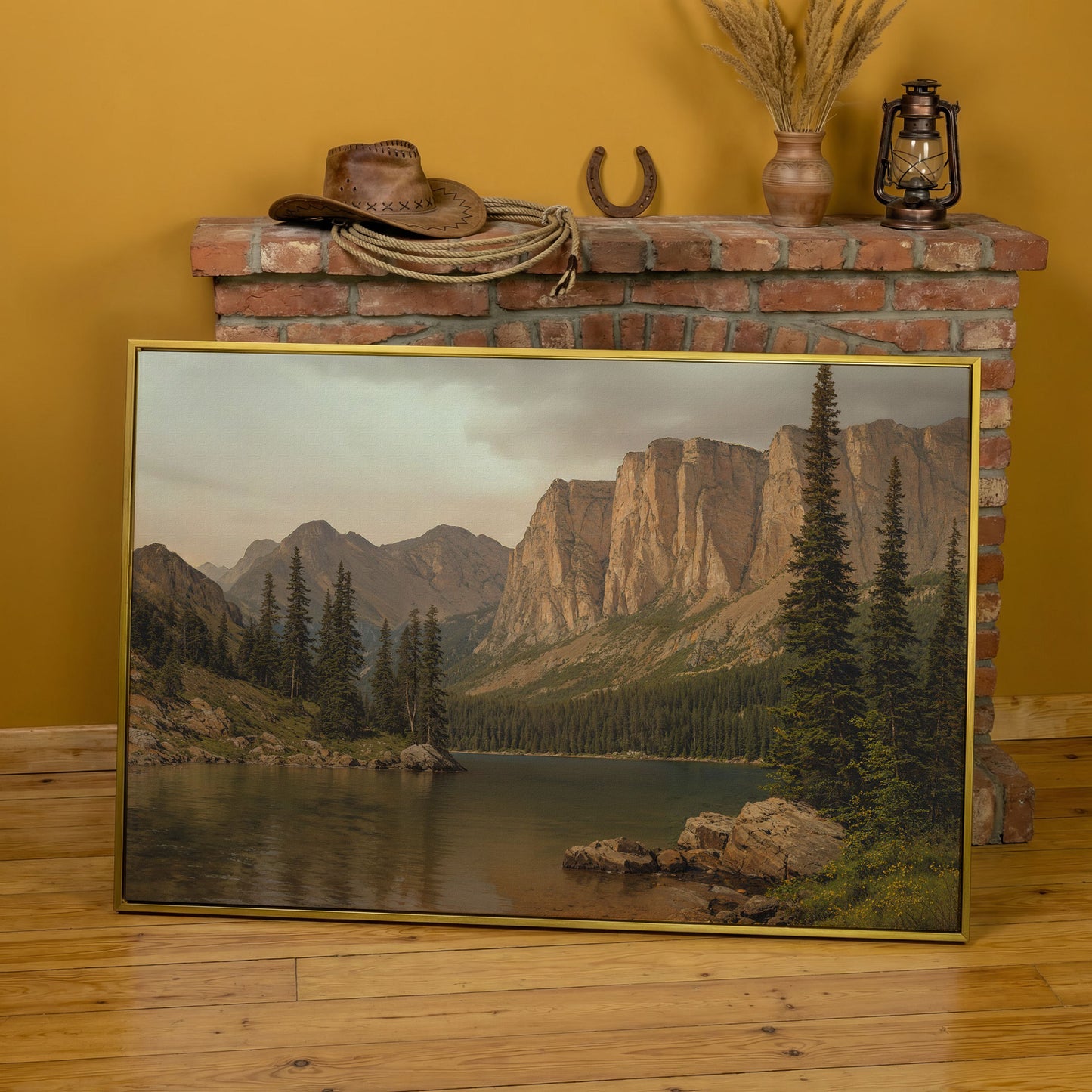 Mountain Lake with Evergreens Canvas in yellow gold floating frame