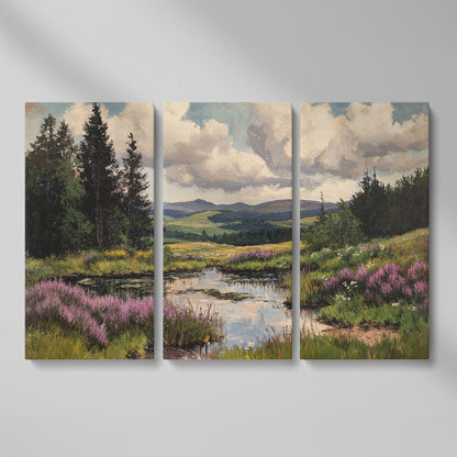 Rustic Mountain Landscape Canvas Print for Family Room as 3-panel split version