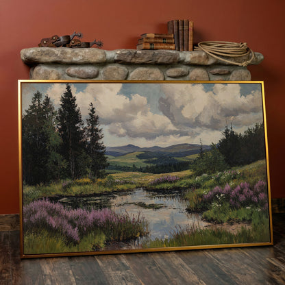 Rustic Mountain Landscape Canvas Print for Family Room in antique gold floating frame