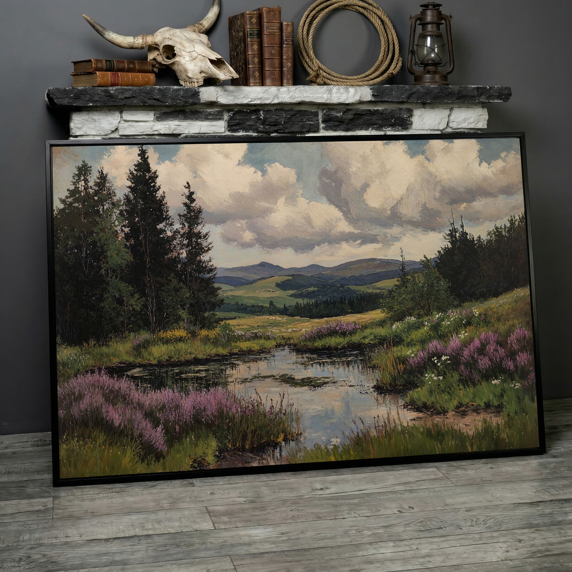 Rustic Mountain Landscape Canvas Print for Family Room in black floating frame