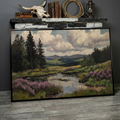 Rustic Mountain Landscape Canvas Print for Family Room in black floating frame