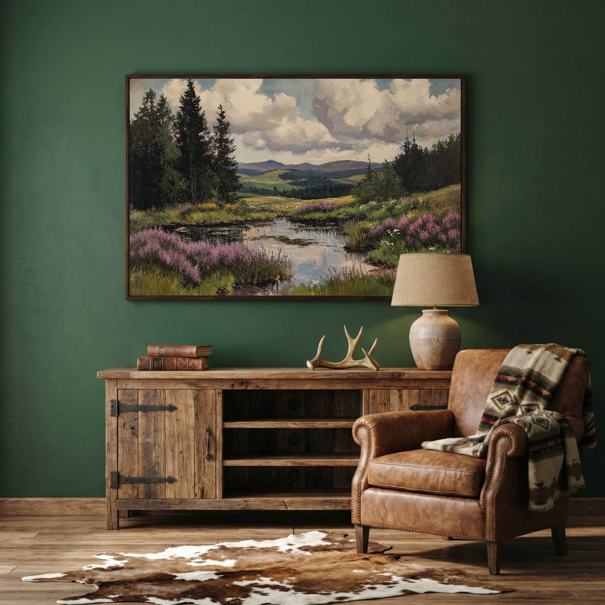 Rustic Mountain Landscape Canvas Print for Family Room in dark walnut floating frame