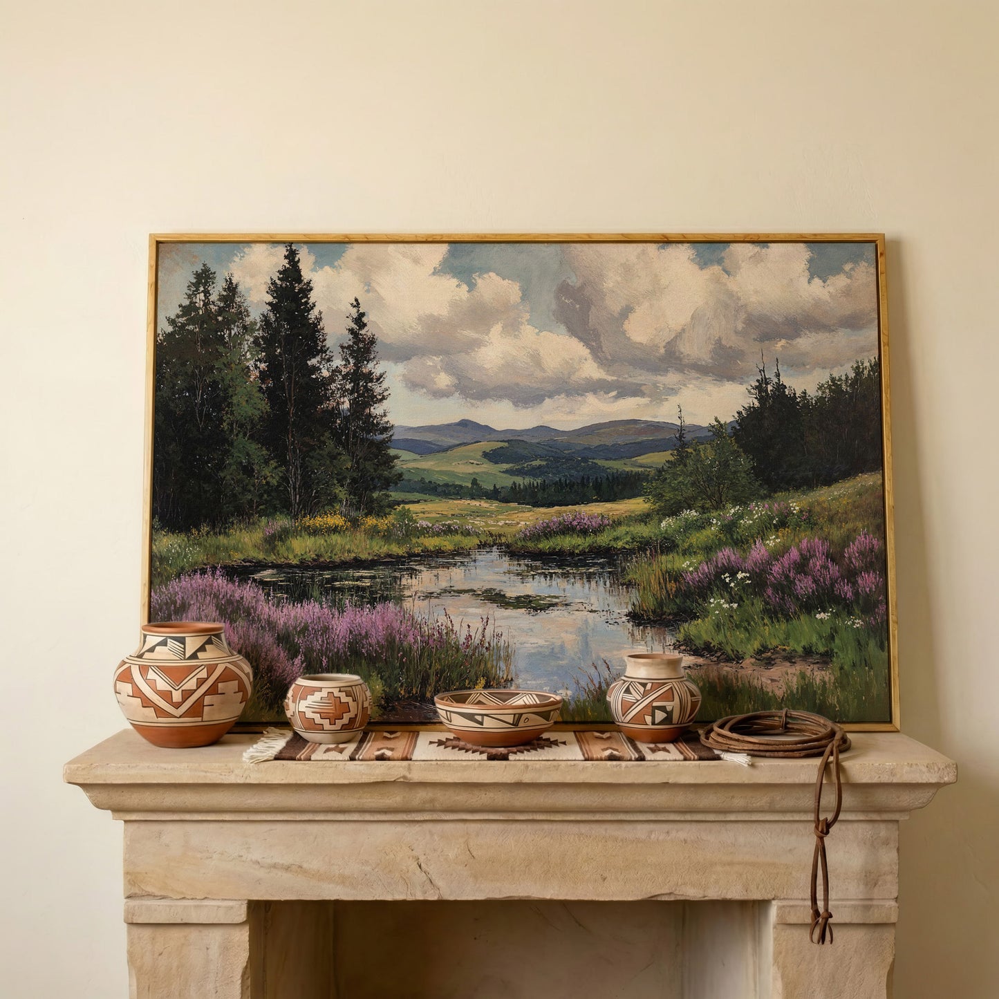 Rustic Mountain Landscape Canvas Print for Family Room in white oak floating frame