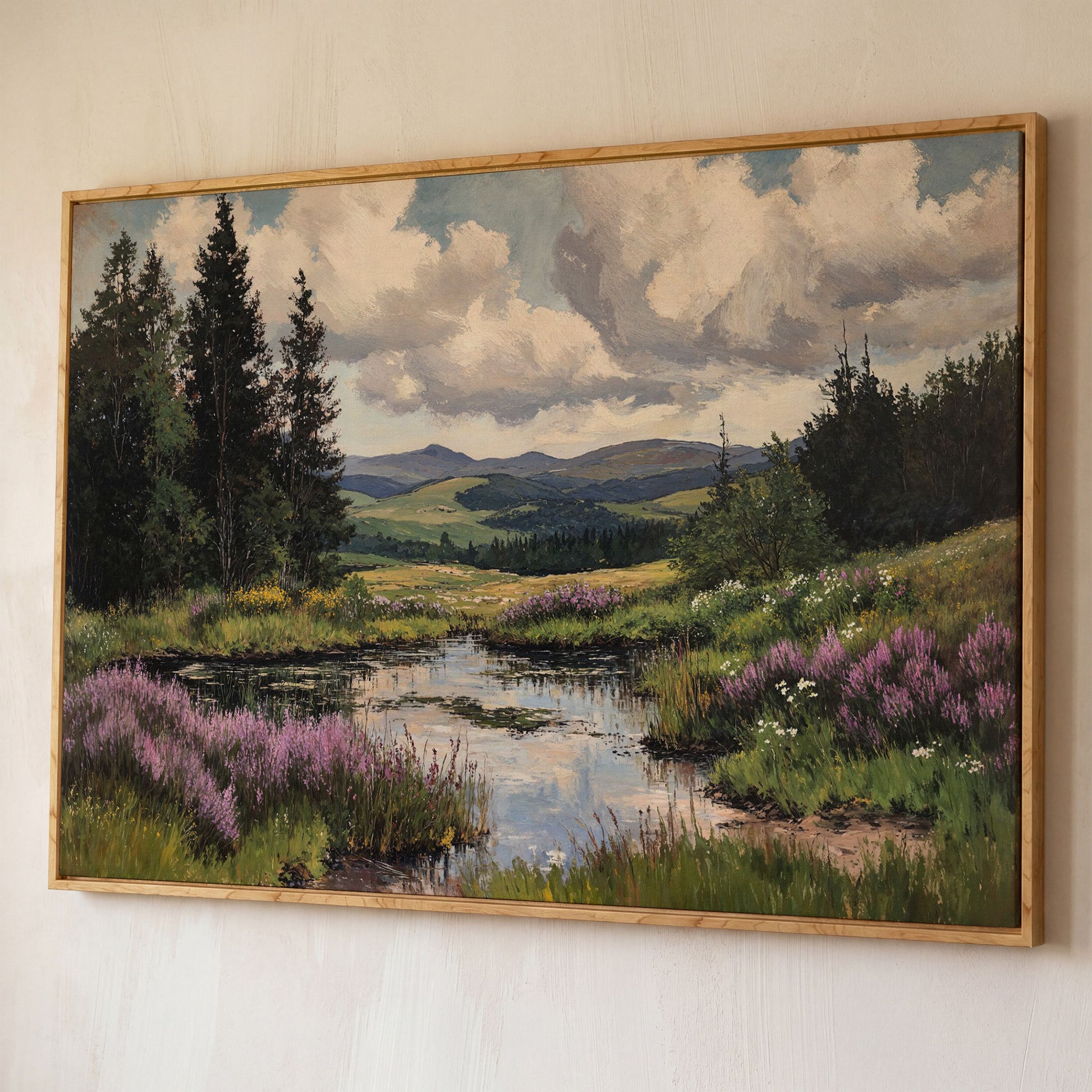 Rustic Mountain Landscape Canvas Print for Family Room shown in white oak floating frame
