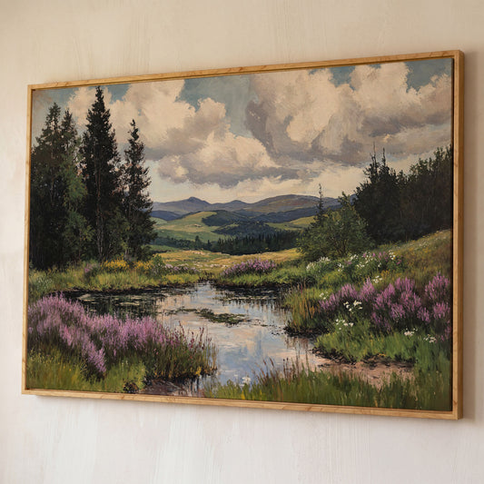 Rustic Mountain Landscape Canvas Print for Family Room shown in white oak floating frame