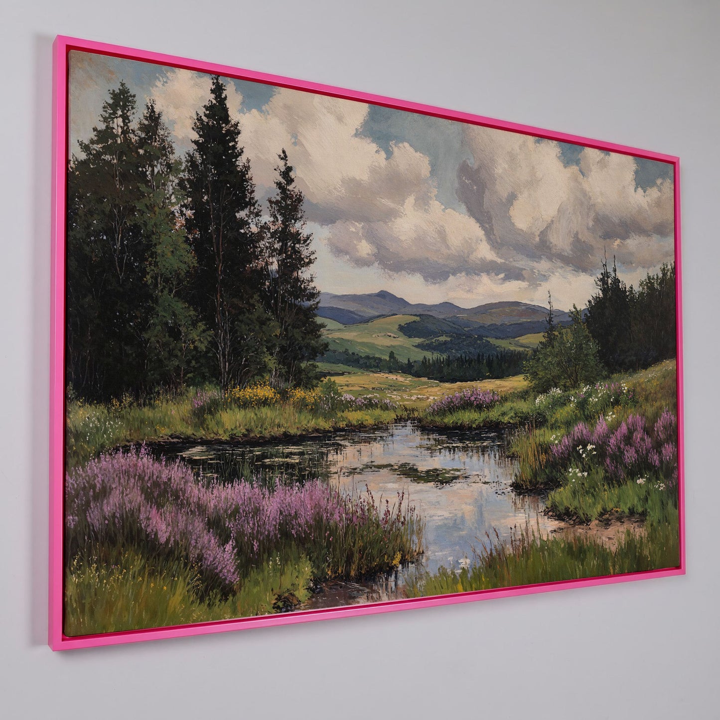 Rustic Mountain Landscape Canvas Print for Family Room in pink floating frame
